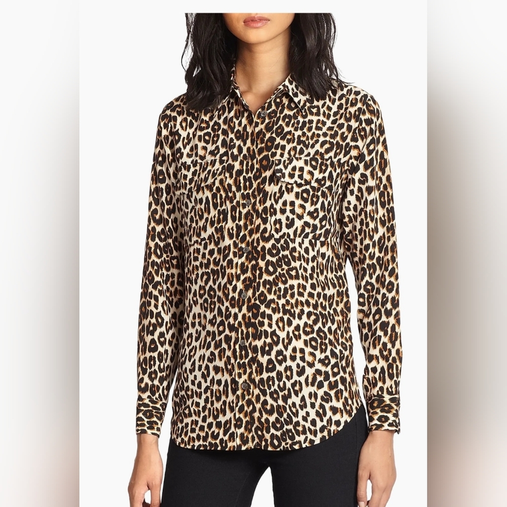 Equipment Leopard-Print Silk Button-Down Shirt in Black, Brown, Cream